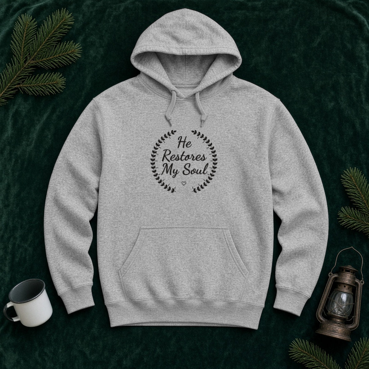 He Restores My Soul Psalm 23:3 sport grey hoodie, flat lay