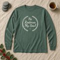 He Restores My Soul Psalm 23:3 blue spruce long sleeve tee, flat lay
