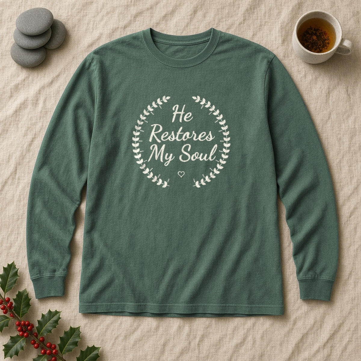 He Restores My Soul Psalm 23:3 blue spruce long sleeve tee, flat lay