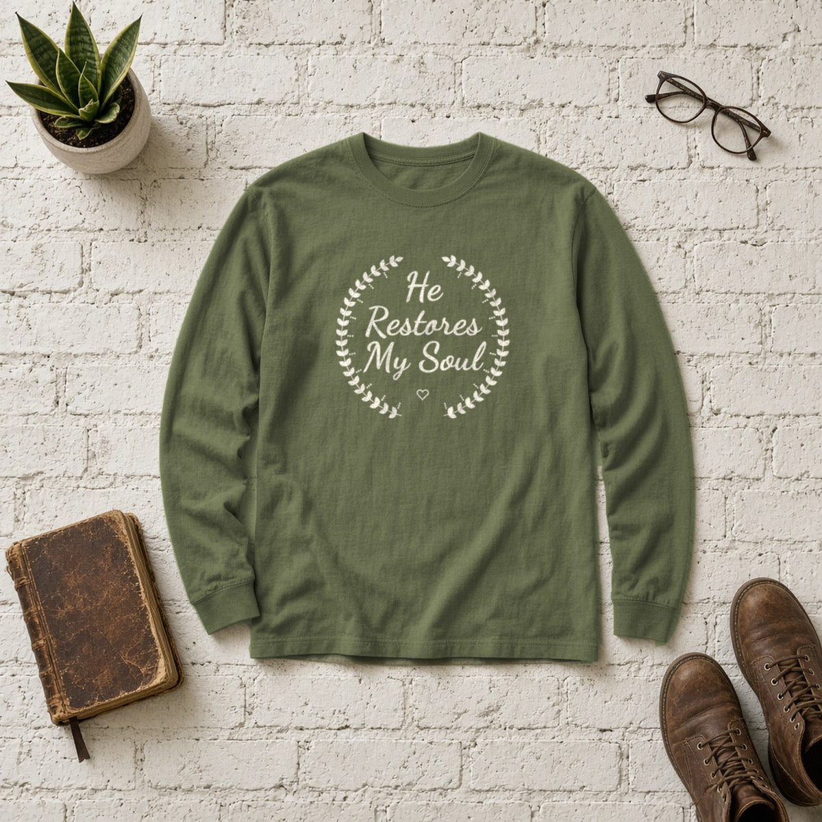 He Restores My Soul Psalm 23:3 hemp long sleeve tee, flat lay