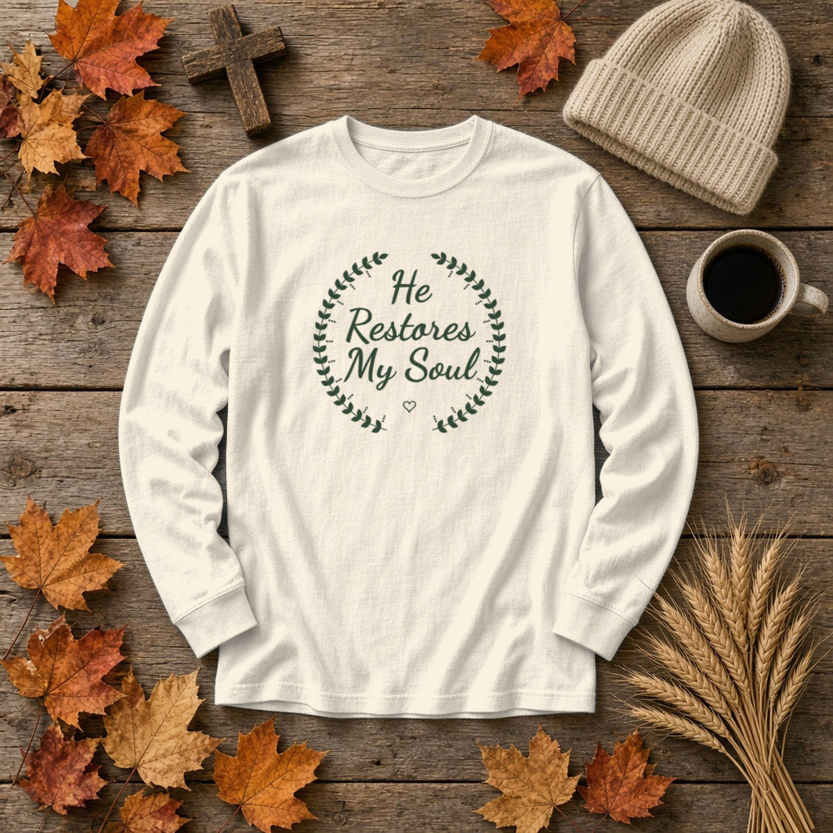 He Restores My Soul Psalm 23:3 ivory long sleeve tee, flat lay