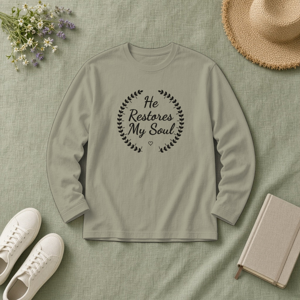 He Restores My Soul Psalm 23:3 sandstone long sleeve tee, flat lay