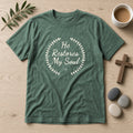 He Restores My Soul Psalm 23:3 blue spruce tee, flat lay