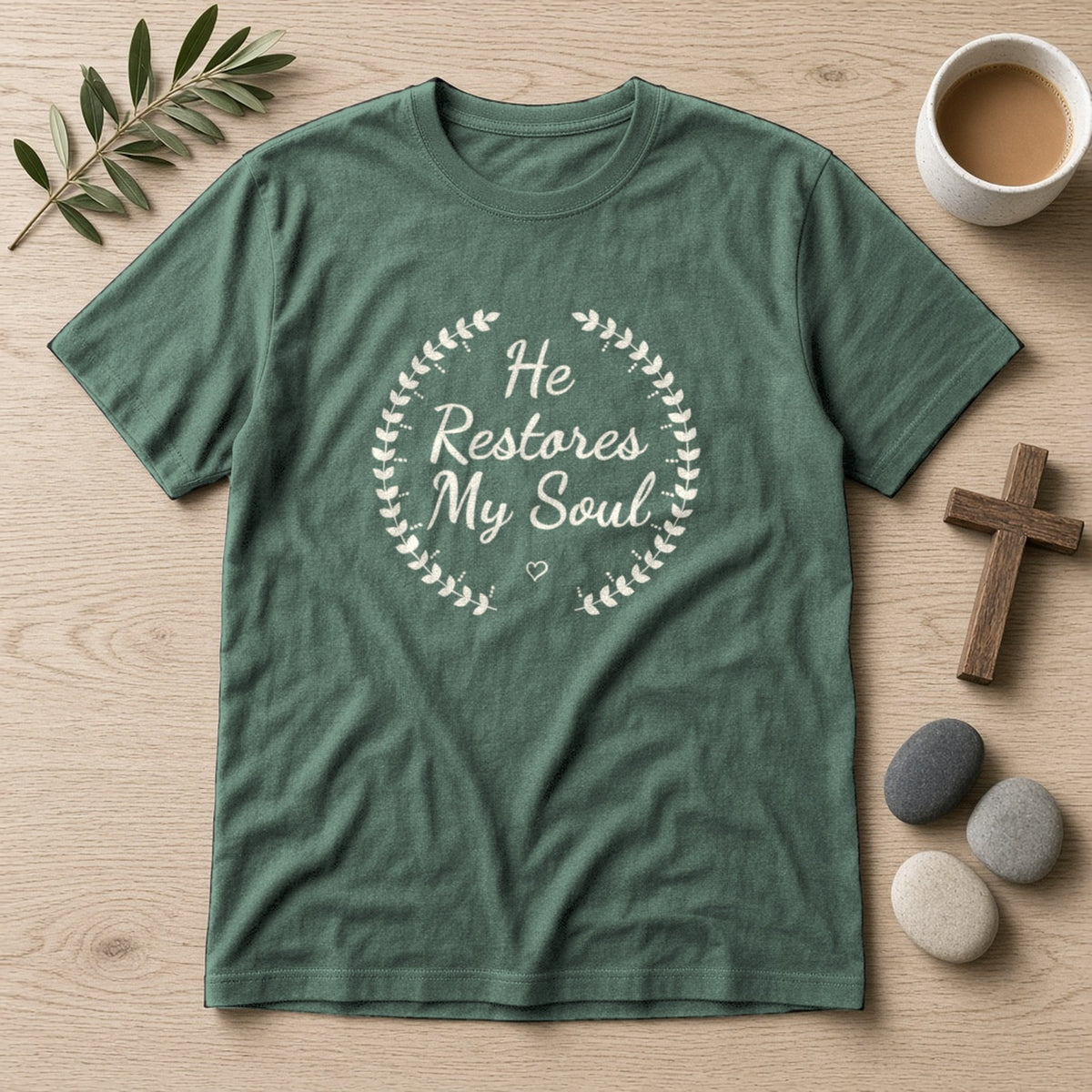 He Restores My Soul Psalm 23:3 blue spruce tee, flat lay