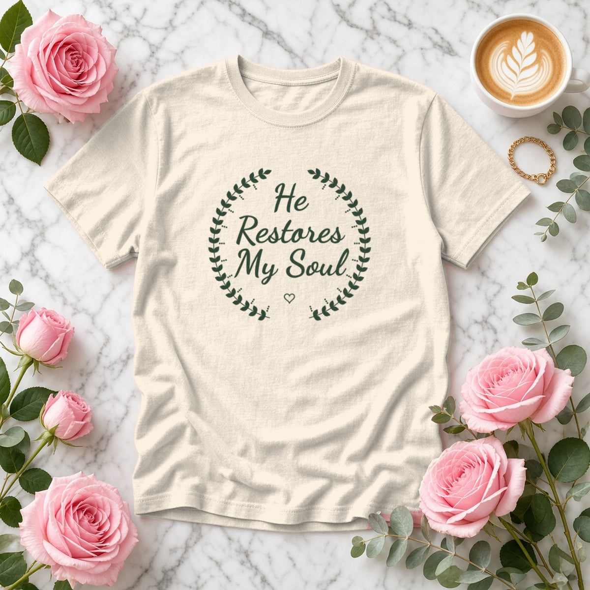 He Restores My Soul Psalm 23:3 ivory tee, flat lay