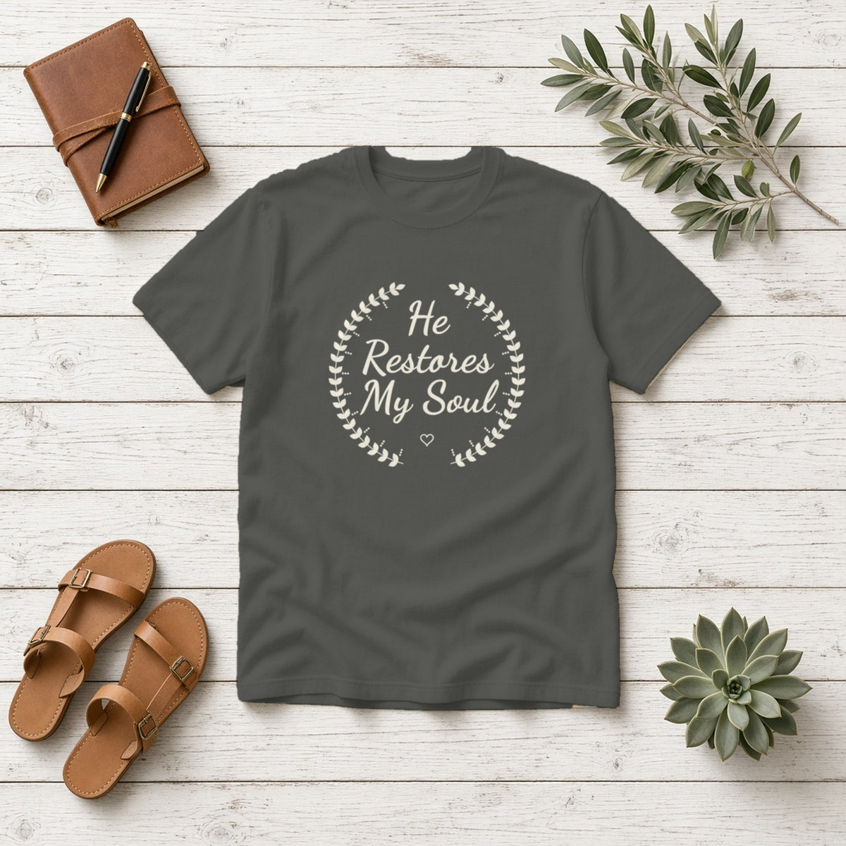 He Restores My Soul Psalm 23:3 pepper tee, flat lay