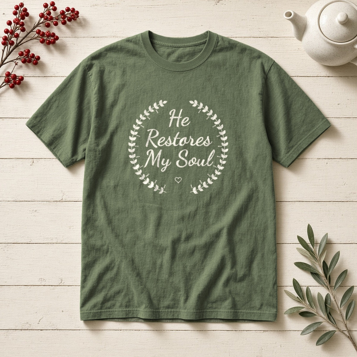 He Restores My Soul Psalm 23:3 sage tee, flat lay