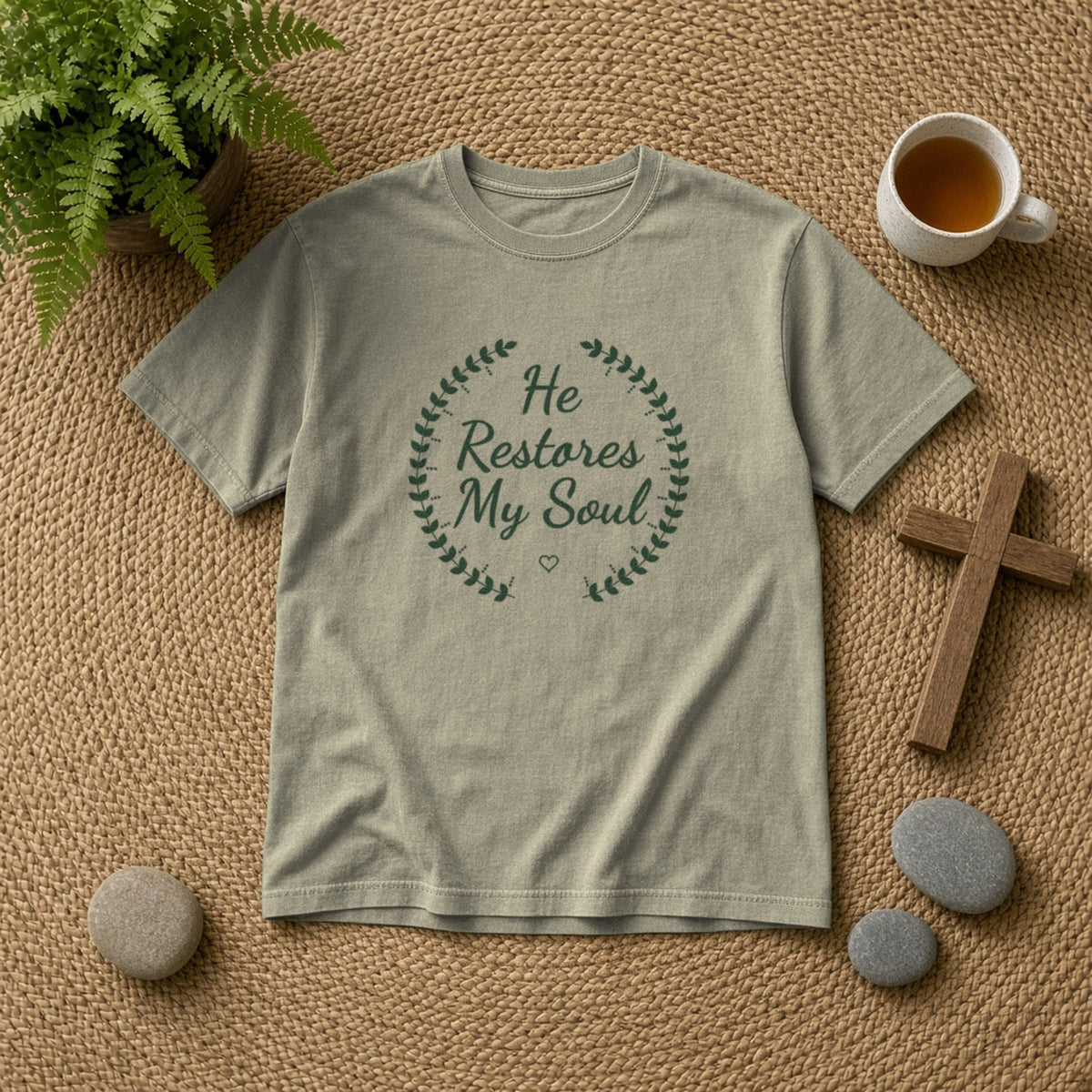 He Restores My Soul Psalm 23:3 sandstone tee, flat lay