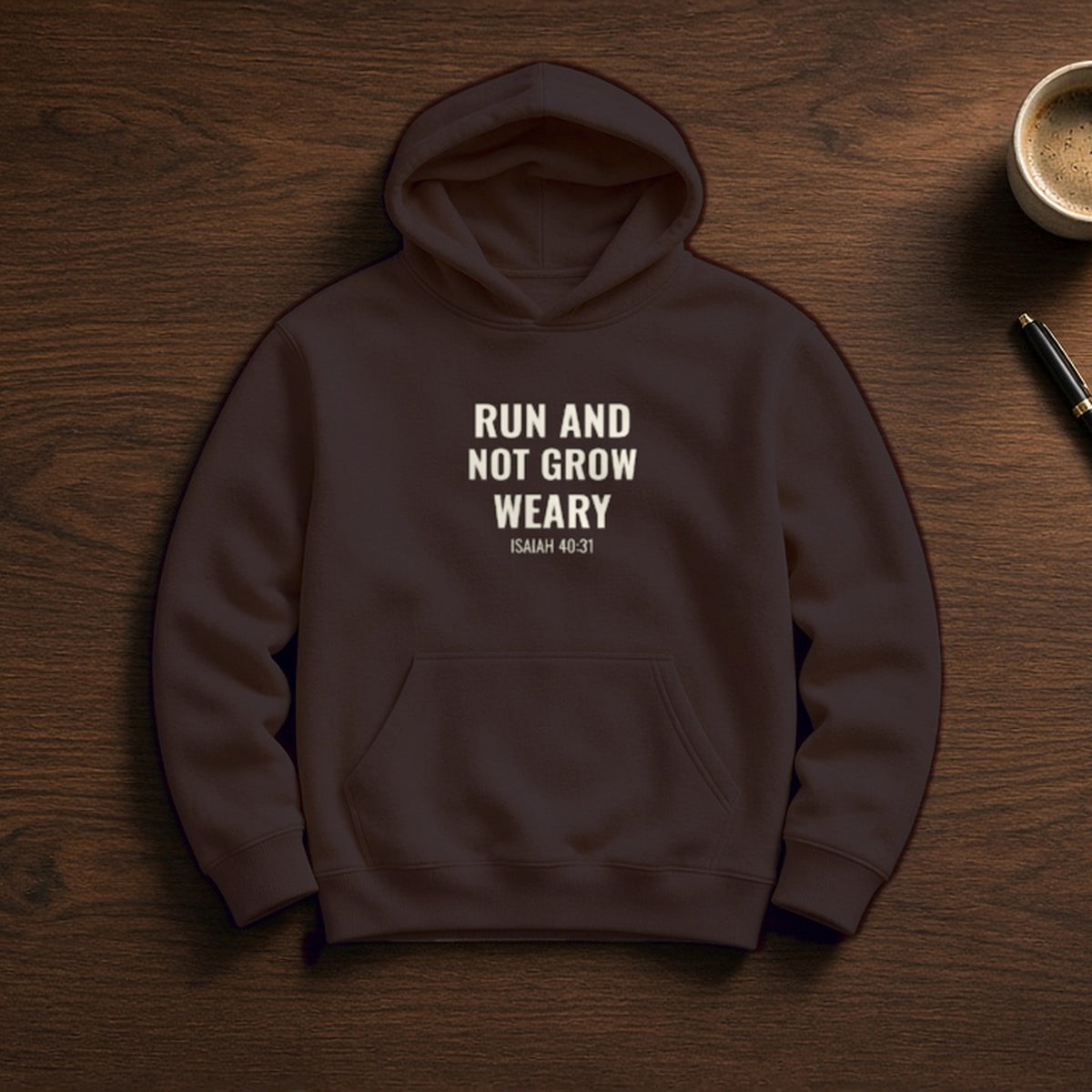 Run and Not Grow Weary Isaiah 40:31 dark chocolate hoodie, flat lay