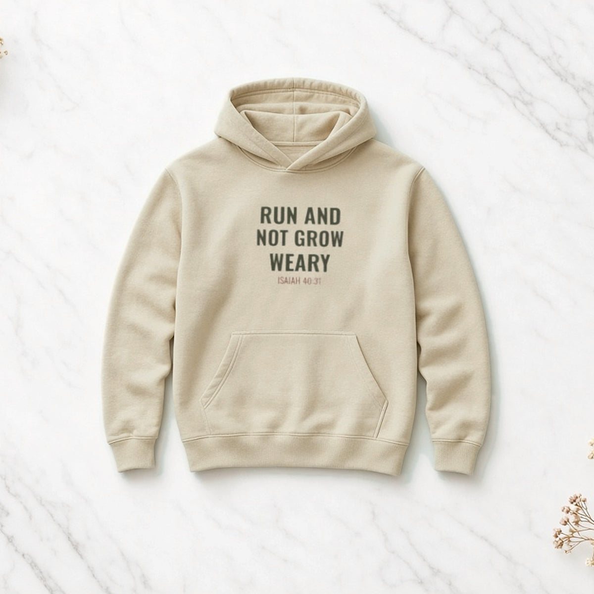 Run and Not Grow Weary Isaiah 40:31 sand hoodie, flat lay