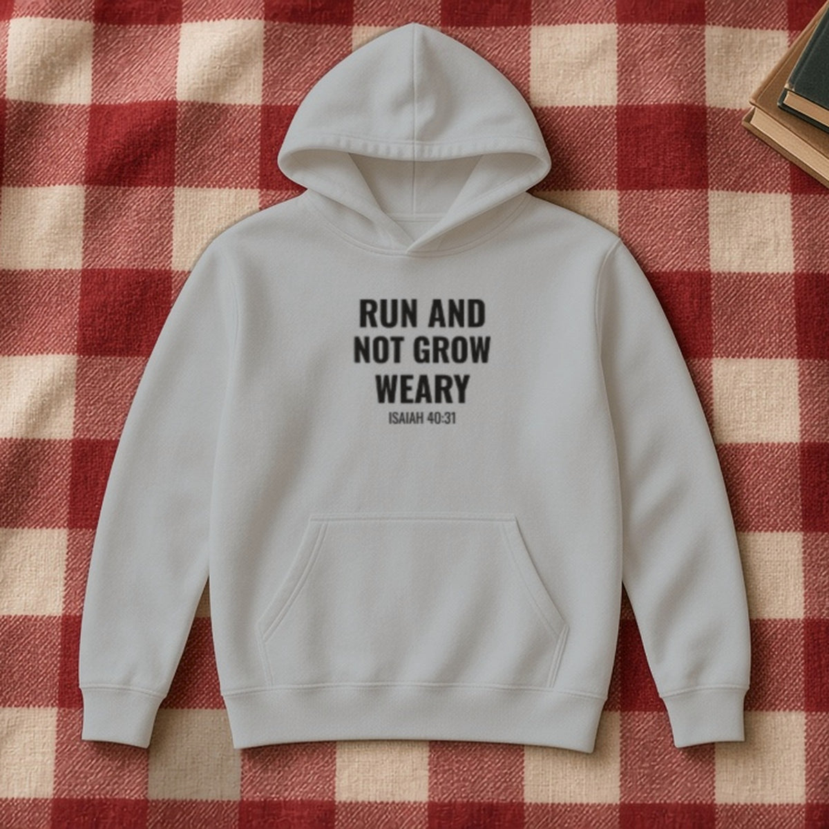 Run and Not Grow Weary Isaiah 40:31 sport grey hoodie, flat lay
