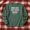 Run and Not Grow Weary Isaiah 40:31 blue spruce long sleeve, flat lay