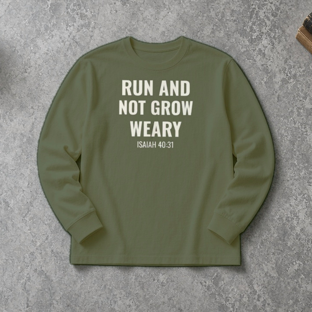 Run and Not Grow Weary Isaiah 40:31 hemp long sleeve, flat lay