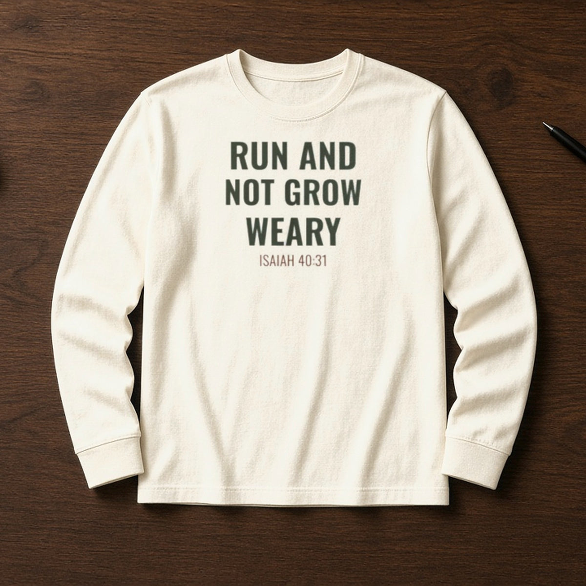 Run and Not Grow Weary Isaiah 40:31 ivory long sleeve, flat lay