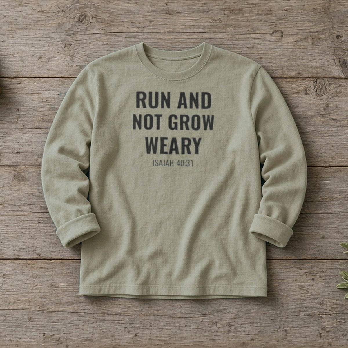 Run and Not Grow Weary Isaiah 40:31 sandstone long sleeve, flat lay