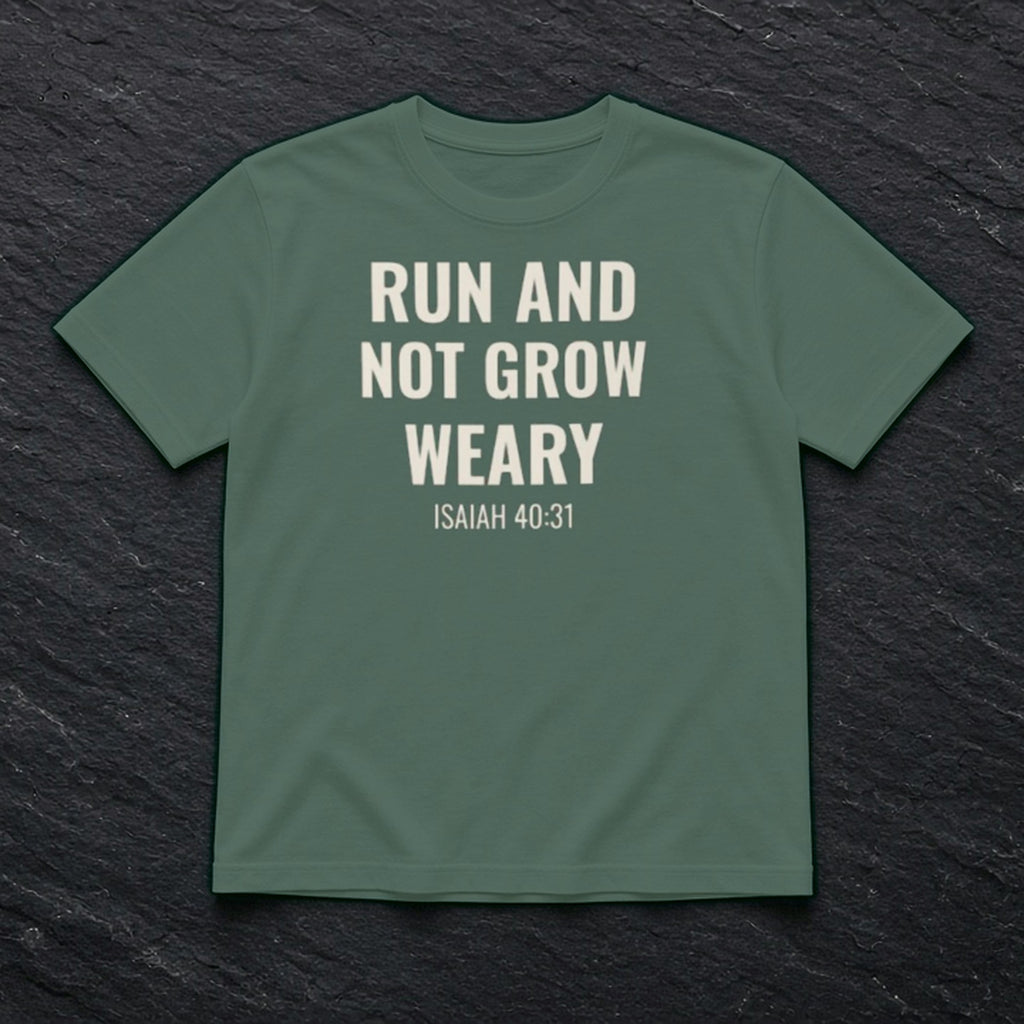 Run and Not Grow Weary Isaiah 40:31 blue spruce tee, flat lay