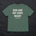 Run and Not Grow Weary Isaiah 40:31 blue spruce tee, flat lay