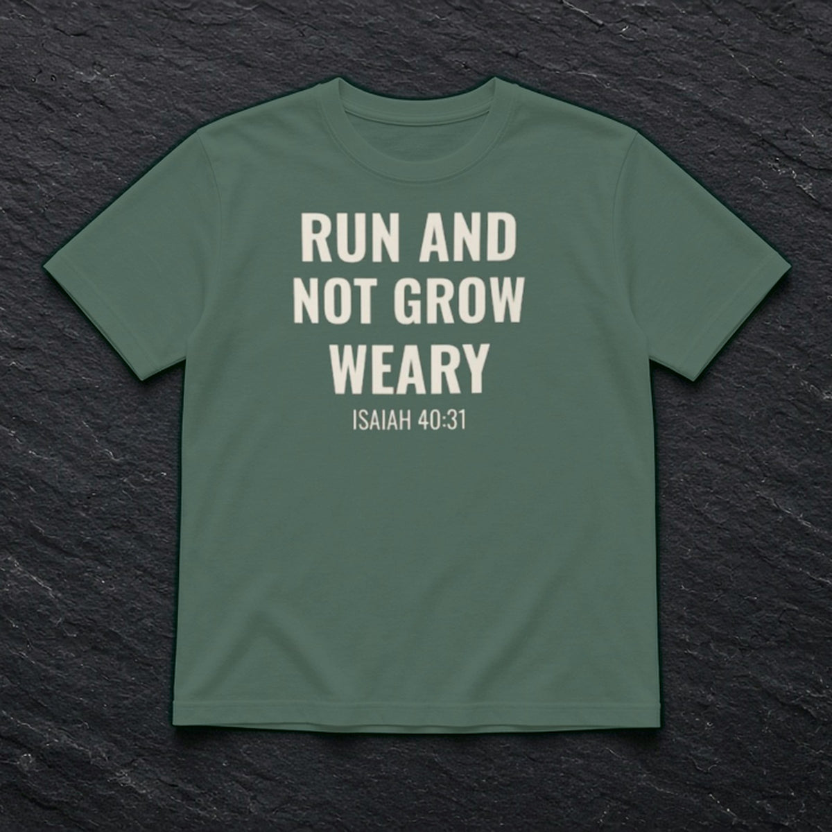 Run and Not Grow Weary Isaiah 40:31 blue spruce tee, flat lay