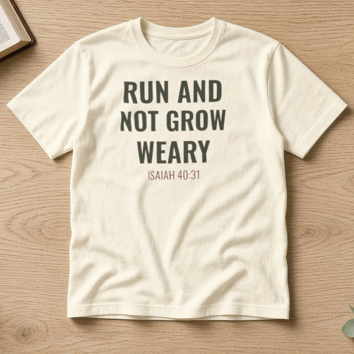 Run and Not Grow Weary Isaiah 40:31 ivory tee, flat lay