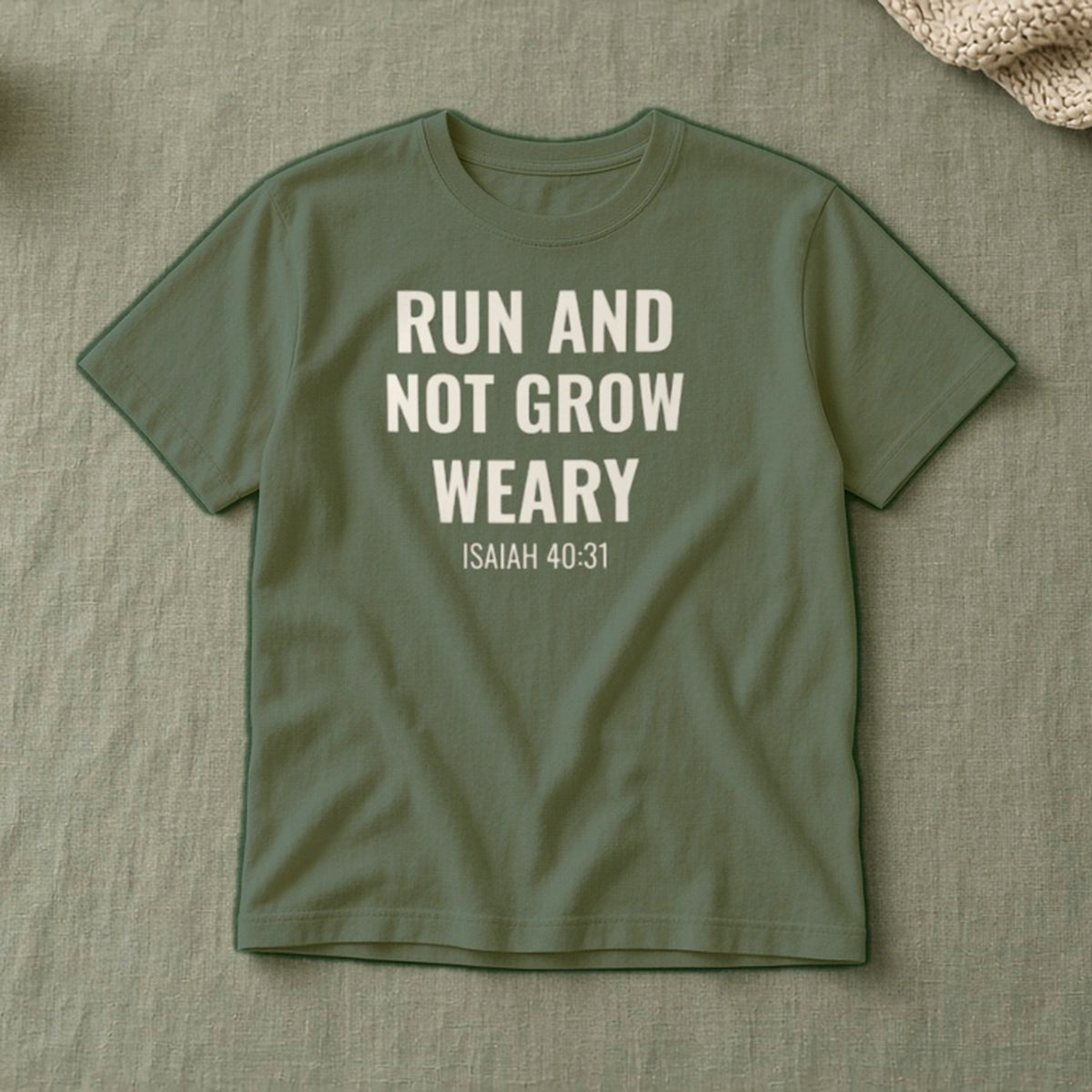Run and Not Grow Weary Isaiah 40:31 sage tee, flat lay