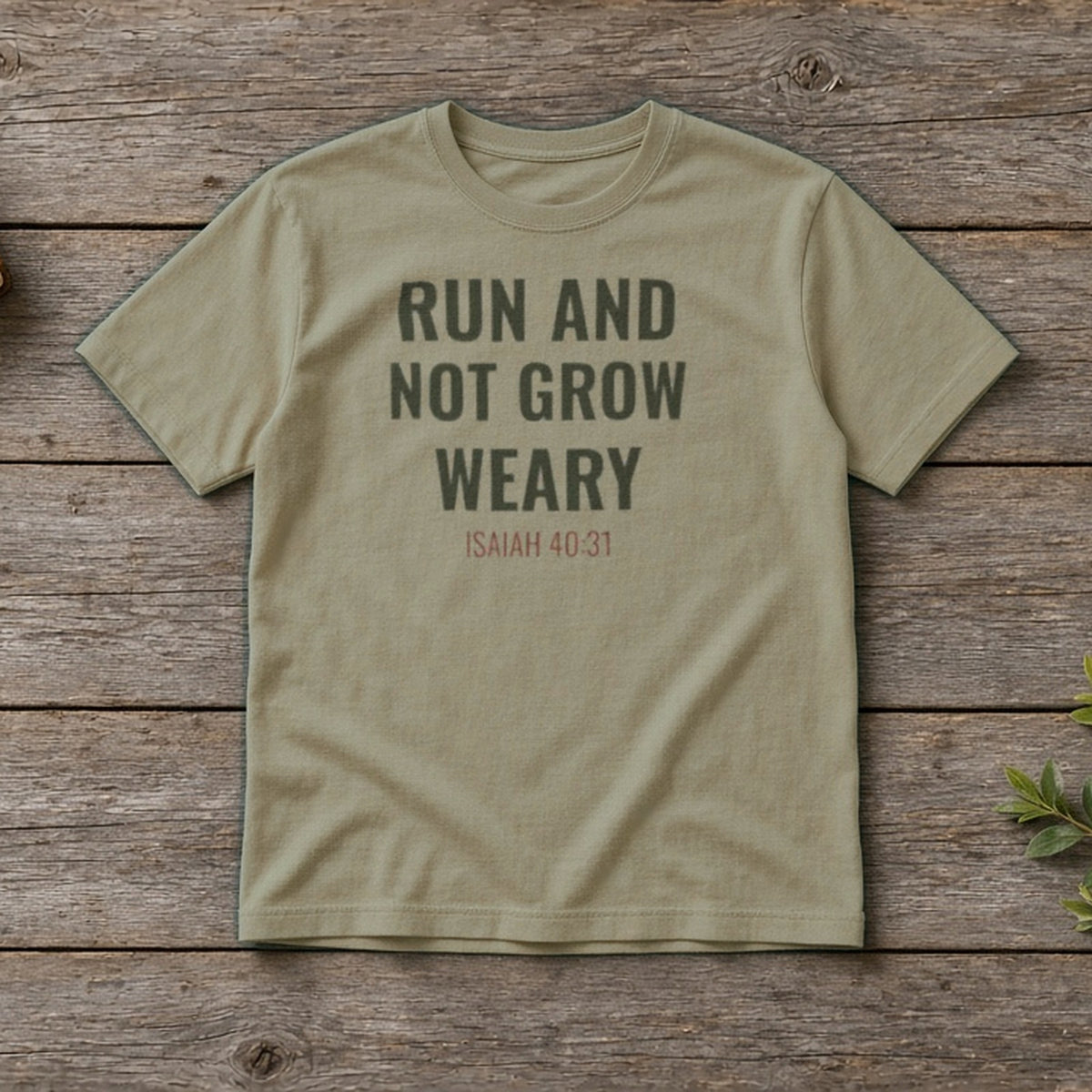 Run and Not Grow Weary Isaiah 40:31 sandstone tee, flat lay