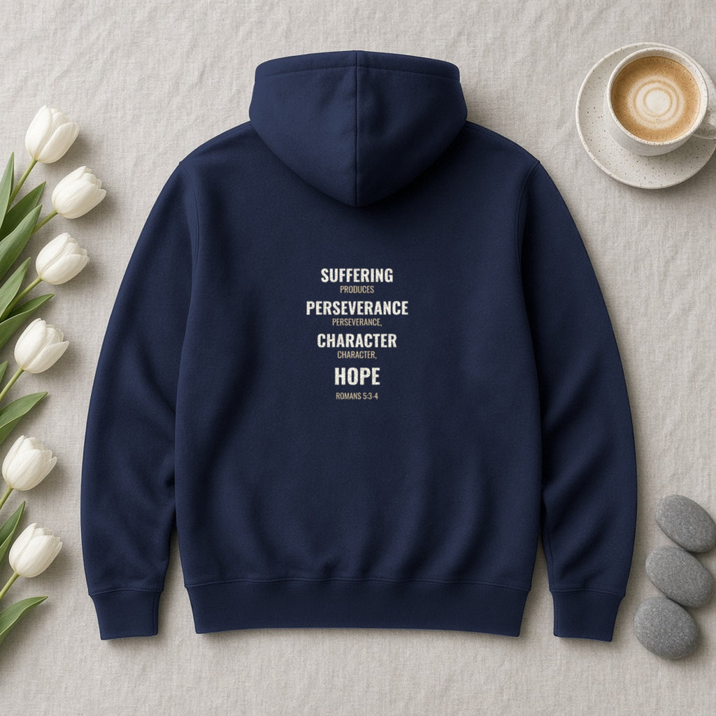 Suffering Produces Hope Romans 5:3-4 navy hoodie, flat lay (back view)