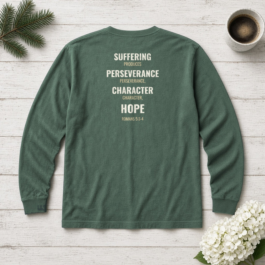 Suffering Produces Hope Romans 5:3-4 blue spruce long sleeve tee, flat lay (back view)