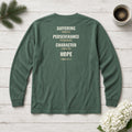 Suffering Produces Hope Romans 5:3-4 blue spruce long sleeve tee, flat lay (back view)