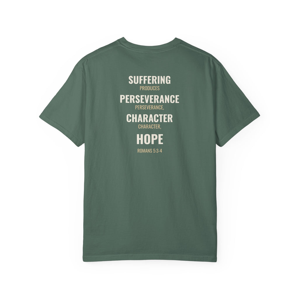 Suffering Produces Hope Romans 5:3-4 tee in blue spruce, back (Romans 5:3-4 back print) mockup