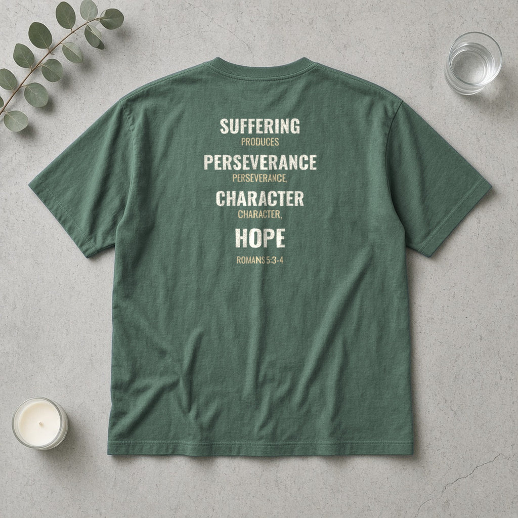 Suffering Produces Hope Romans 5:3-4 blue spruce tee, flat lay (back view)