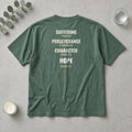 Suffering Produces Hope Romans 5:3-4 blue spruce tee, flat lay (back view)