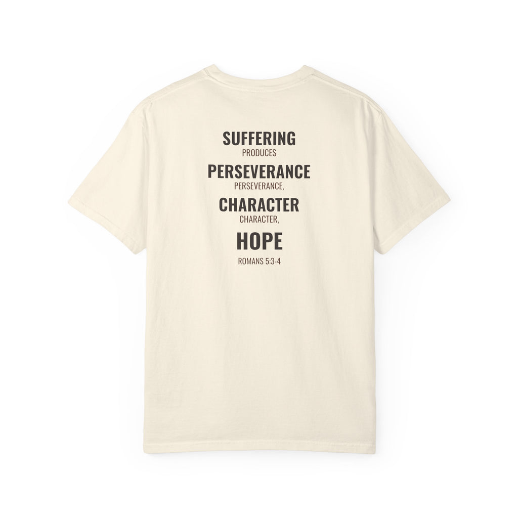 Suffering Produces Hope Romans 5:3-4 tee in ivory, back (Romans 5:3-4 back print) mockup
