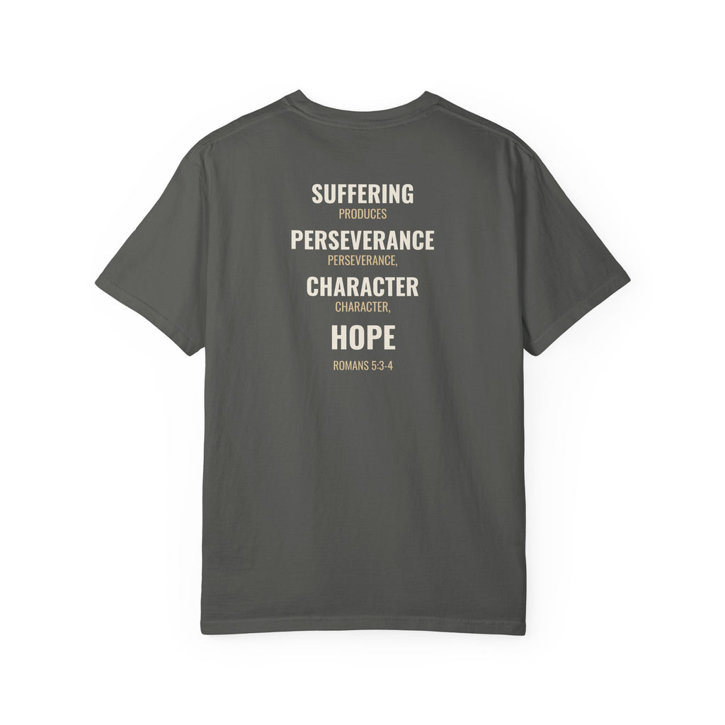 Suffering Produces Hope Romans 5:3-4 tee in pepper, back (Romans 5:3-4 back print) mockup