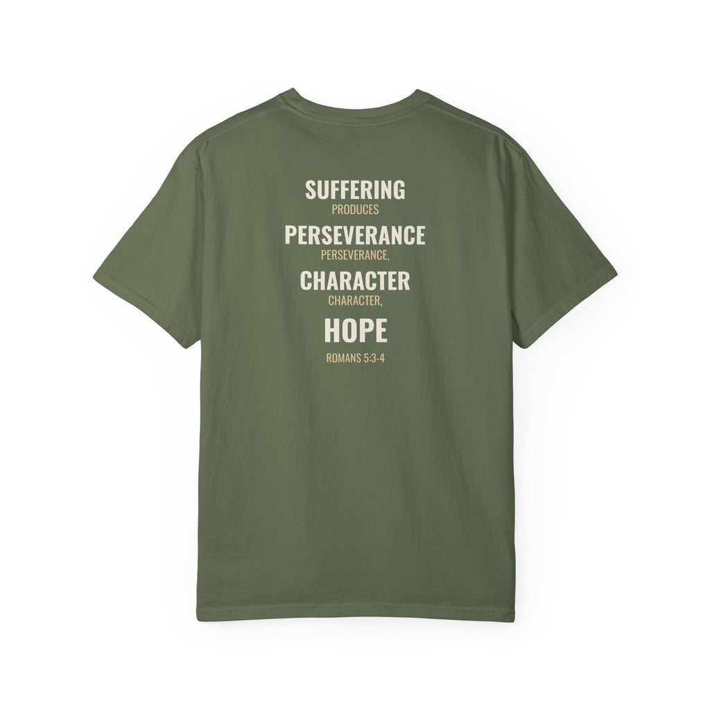 Suffering Produces Hope Romans 5:3-4 tee in sage, back (Romans 5:3-4 back print) mockup