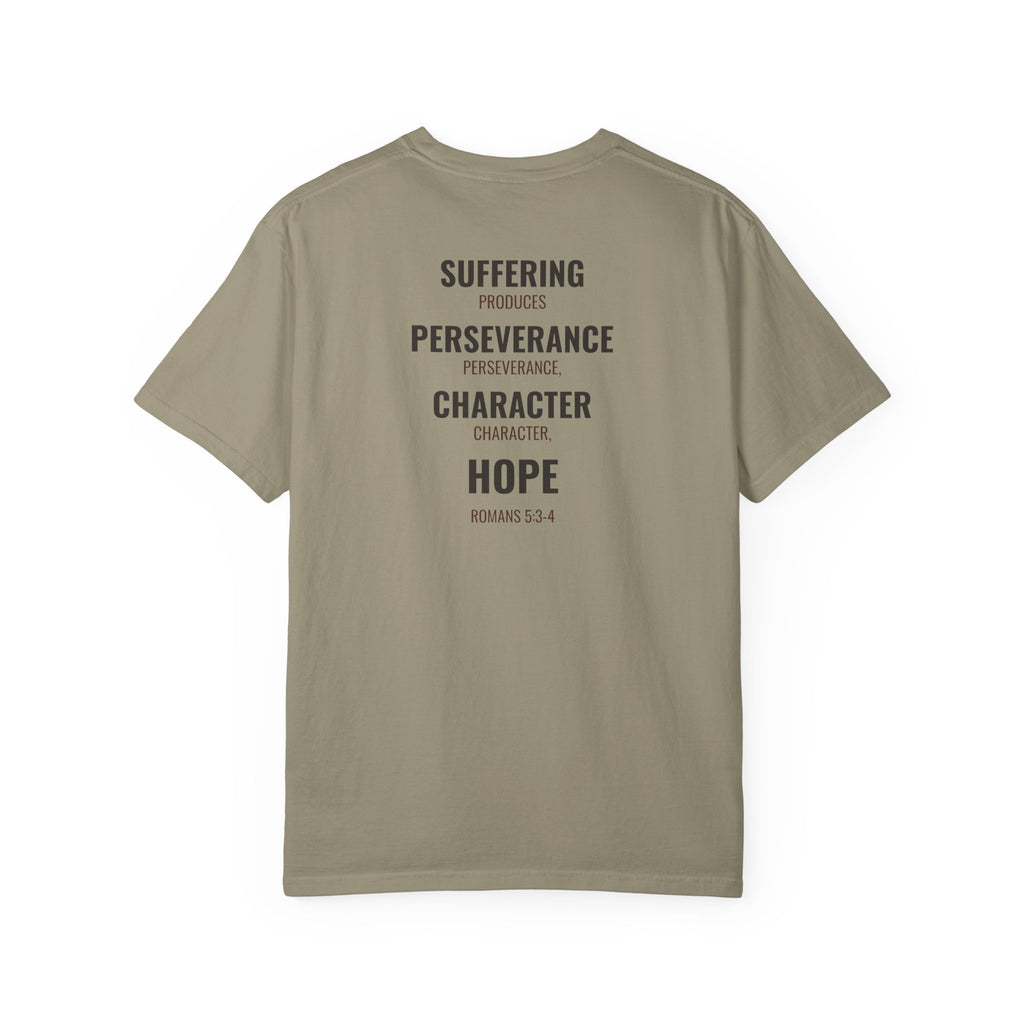 Suffering Produces Hope Romans 5:3-4 tee in sandstone, back (Romans 5:3-4 back print) mockup