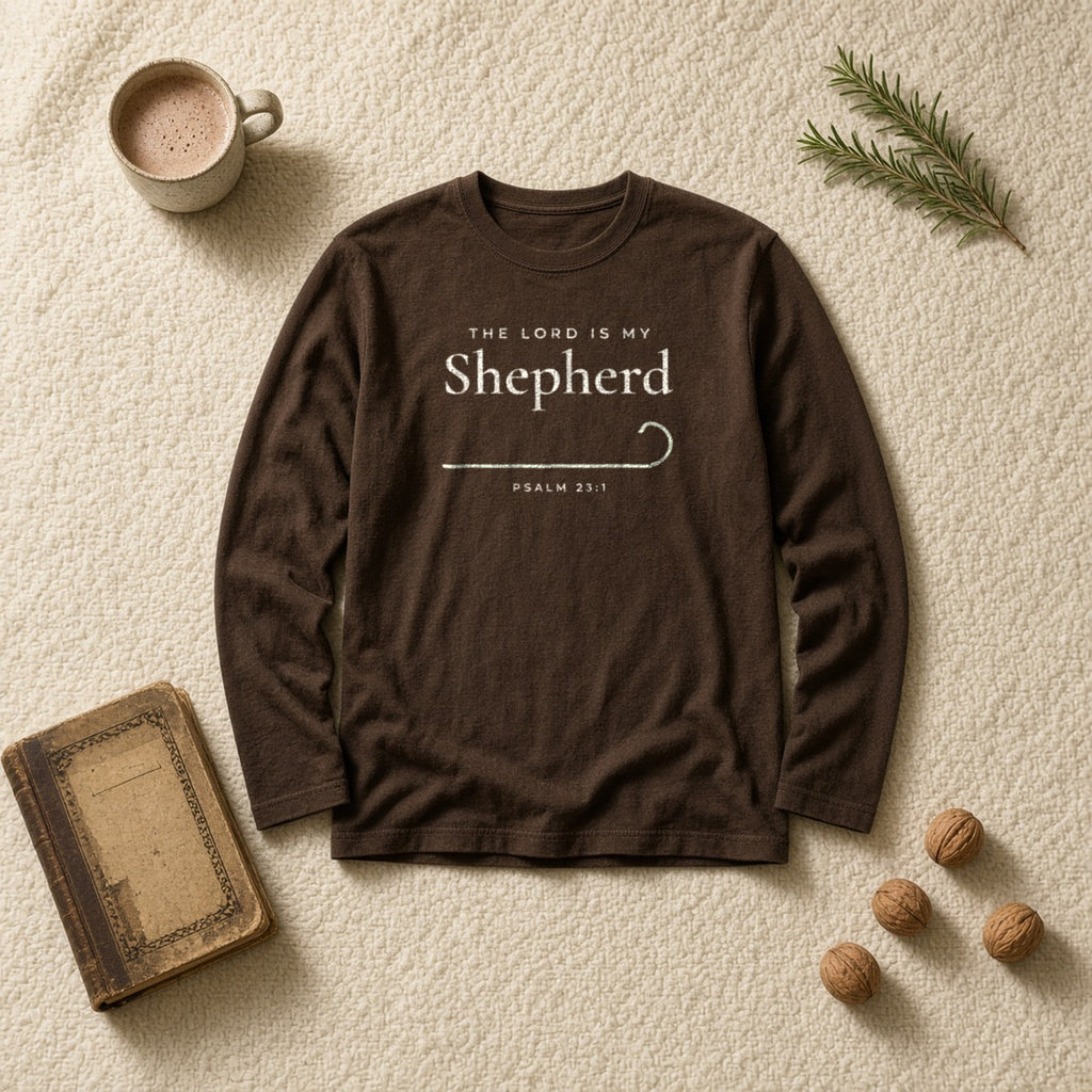 The Lord Is My Shepherd Psalm 23:1 Christian long sleeve tee in espresso, styled flat lay