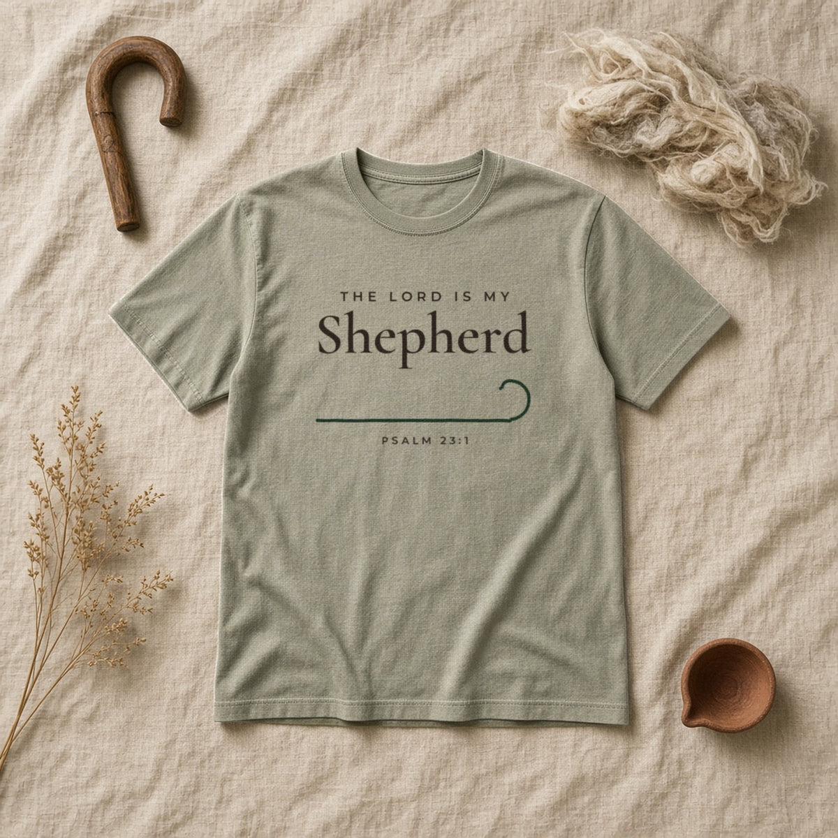 The Lord Is My Shepherd Psalm 23:1 Christian tee in sandstone, styled flat lay
