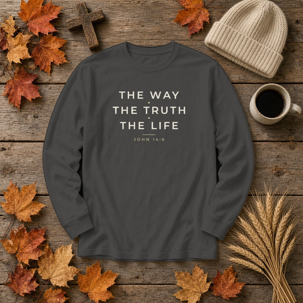 The Way The Truth The Life John 14:6 Christian long sleeve tee in pepper, styled flat lay
