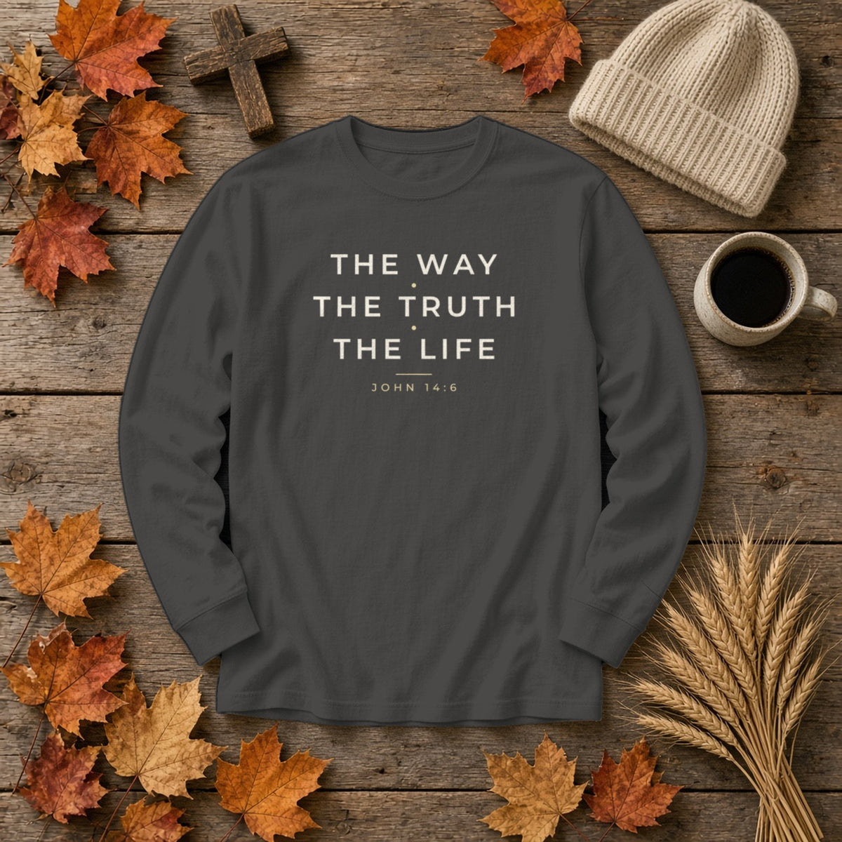 The Way The Truth The Life John 14:6 Christian long sleeve tee in pepper, styled flat lay