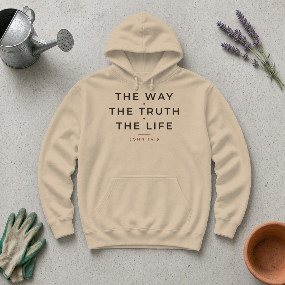 The Way The Truth The Life John 14:6 Christian hoodie in sand, styled flat lay
