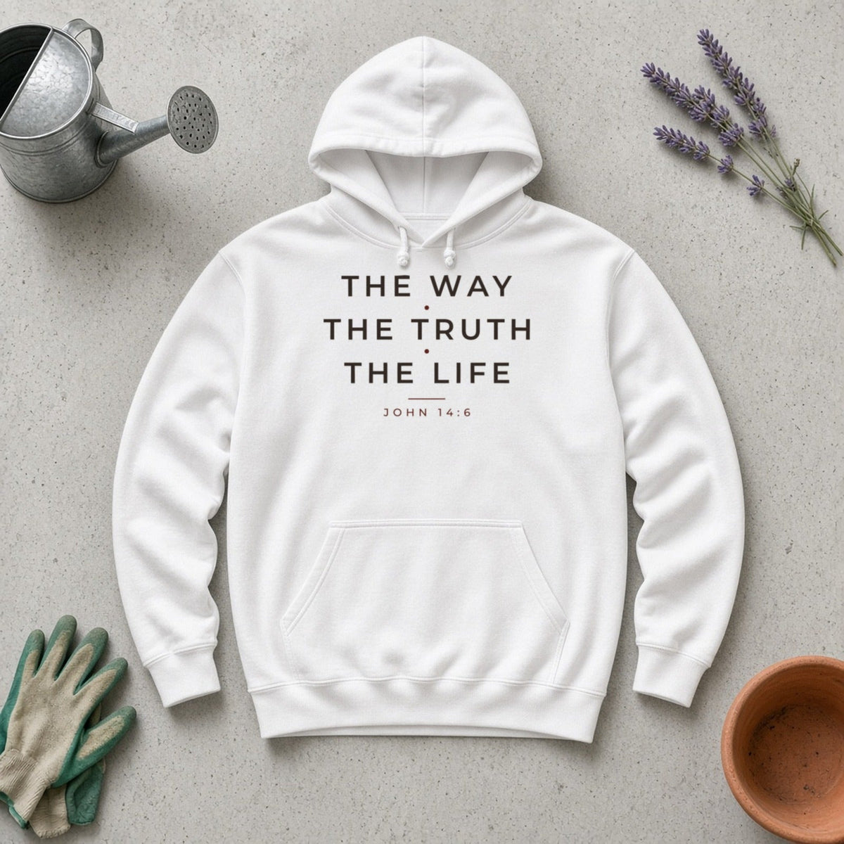 The Way The Truth The Life John 14:6 Christian hoodie in white, styled flat lay