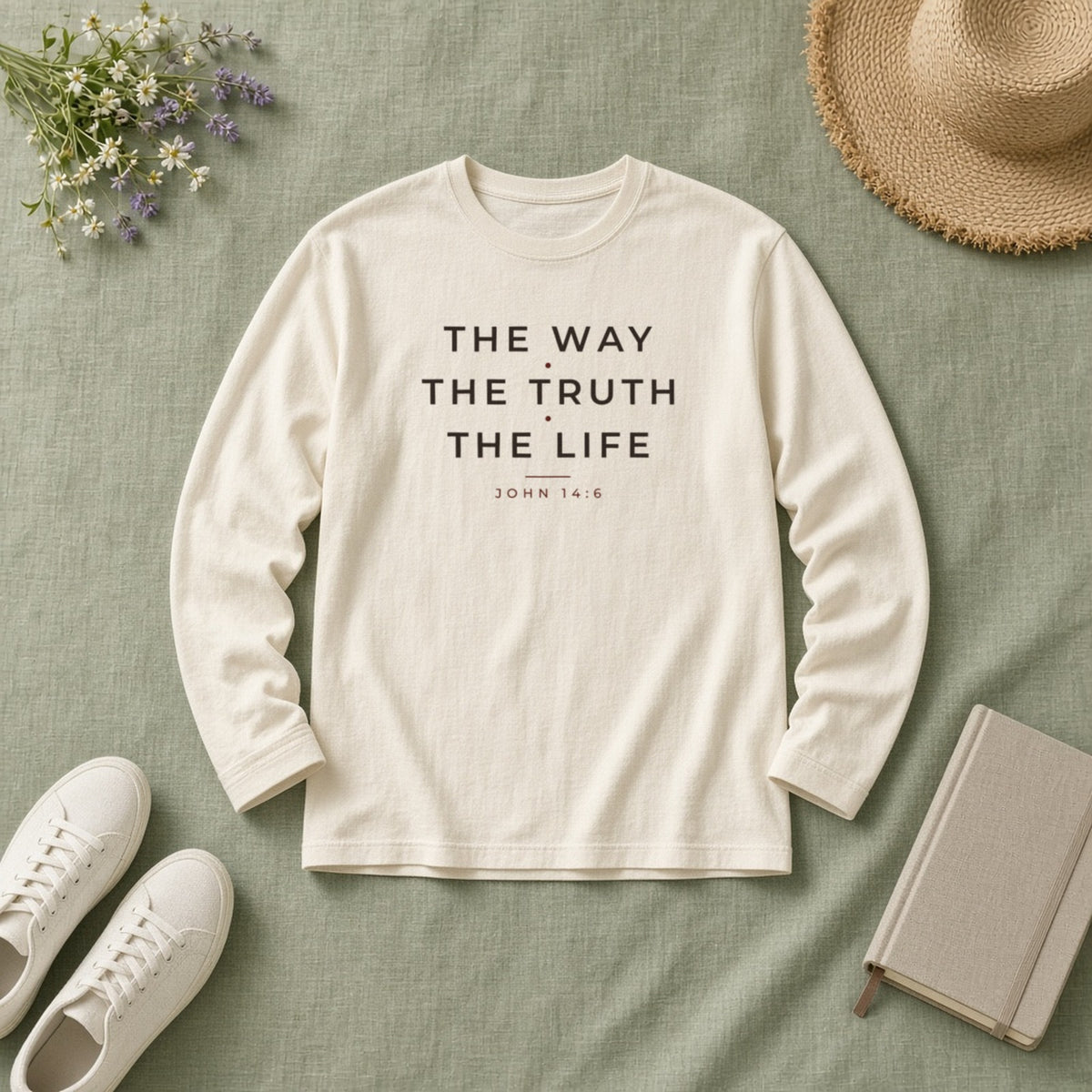 The Way The Truth The Life John 14:6 Christian long sleeve tee in ivory, styled flat lay