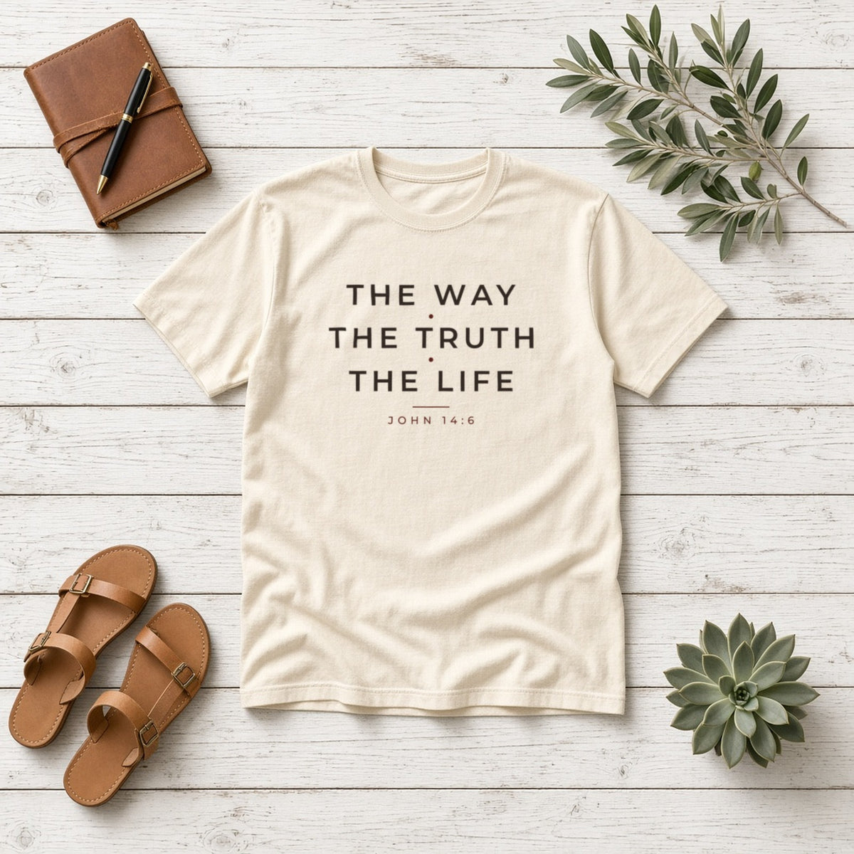 The Way The Truth The Life John 14:6 Christian tee in ivory, styled flat lay