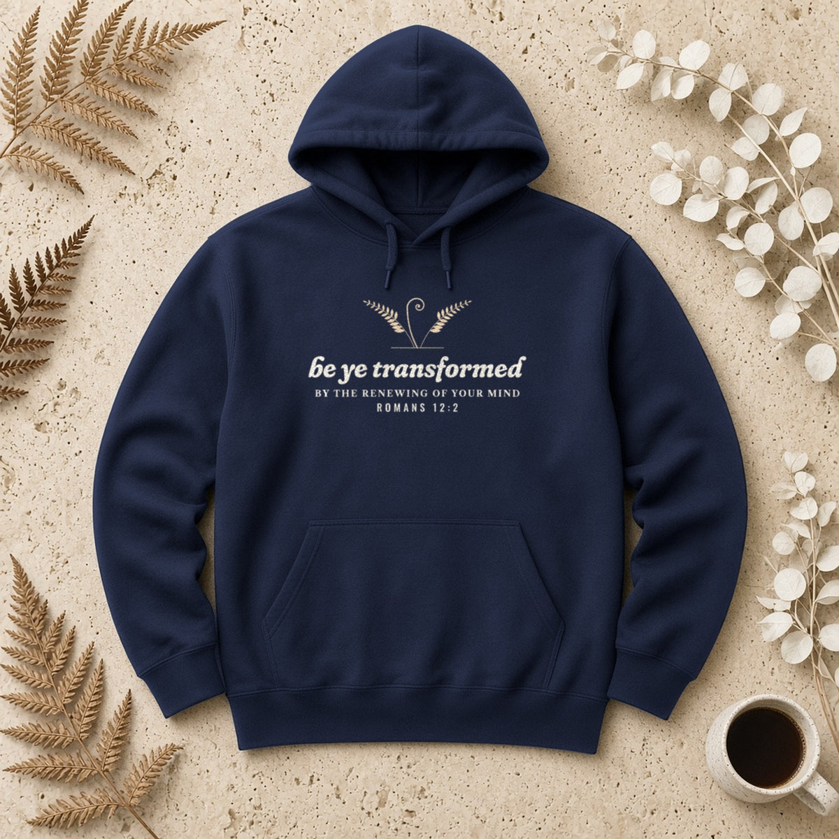 Be Transformed Romans 12:2 hoodie in Navy, flat lay