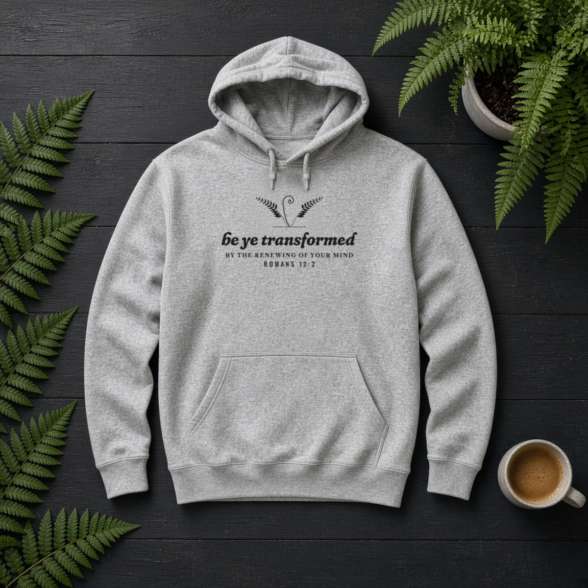 Be Transformed Romans 12:2 hoodie in Sport Grey, flat lay