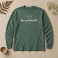 Be Transformed Romans 12:2 long sleeve tee in Blue Spruce, flat lay