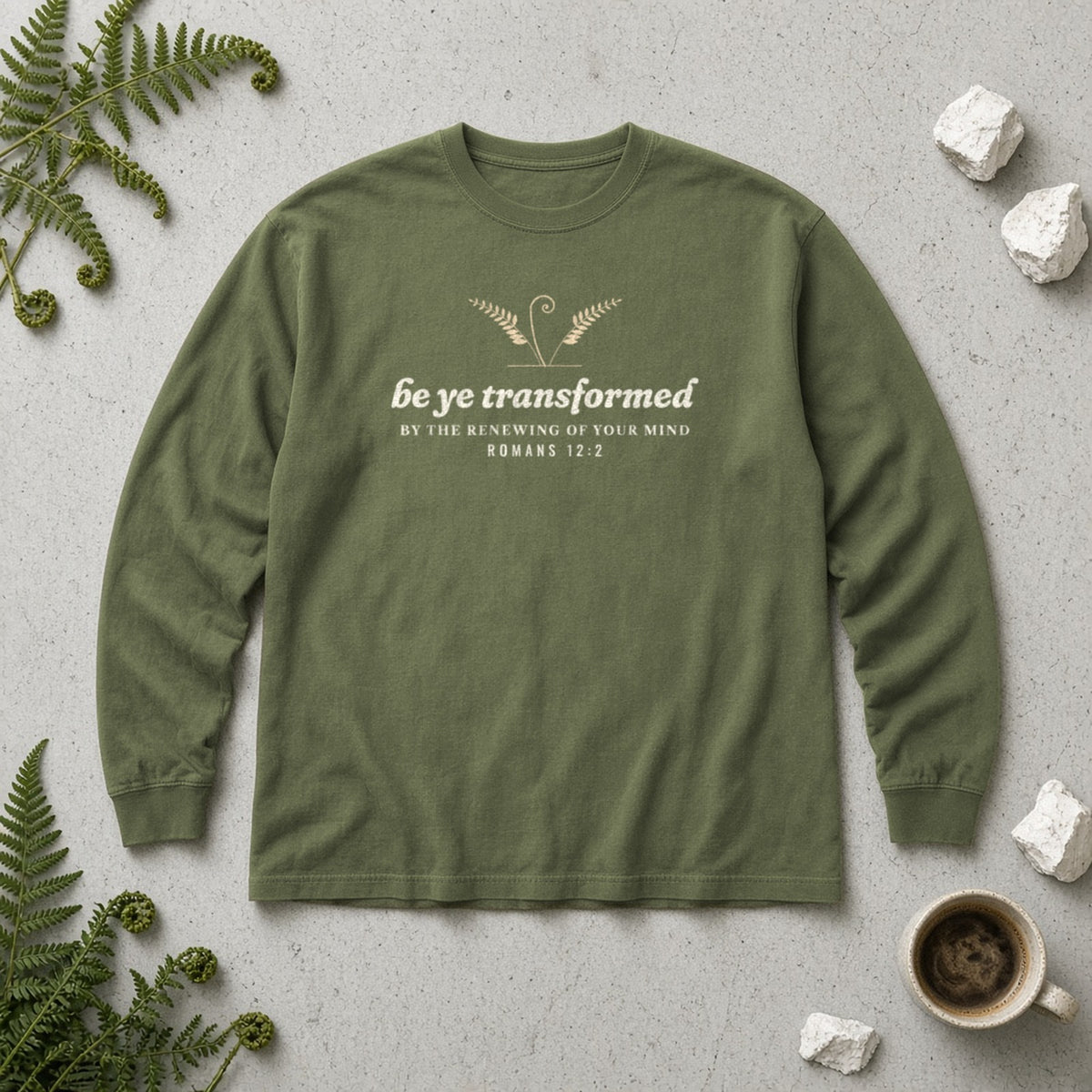 Be Transformed Romans 12:2 long sleeve tee in Hemp, flat lay