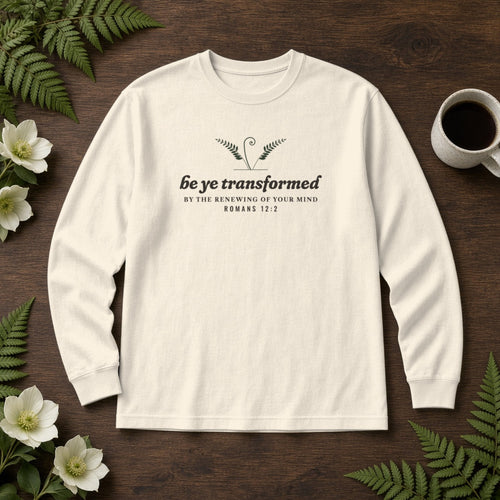 Be Transformed Romans 12:2 long sleeve tee in Ivory, flat lay
