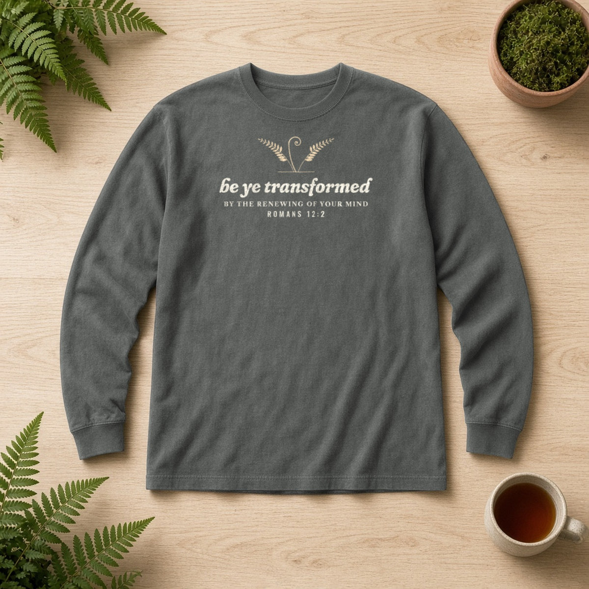 Be Transformed Romans 12:2 long sleeve tee in Pepper, flat lay
