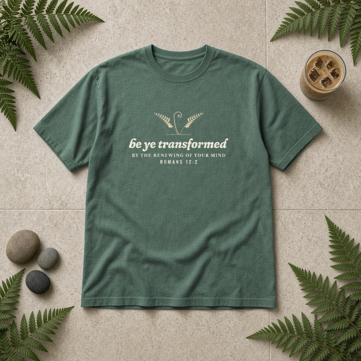 Be Transformed Romans 12:2 tee in Blue Spruce, flat lay